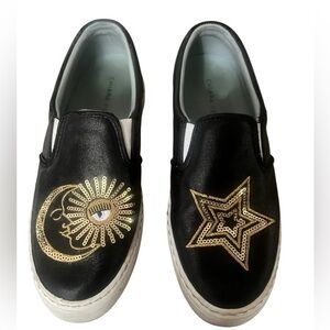 CHIARA Ferragni US 7 Starry Slip On Sneaker Black Leather Sequin Sun Moon